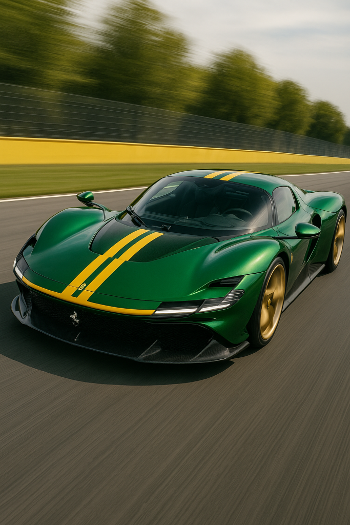 “2026 Ferrari Daytona SP3 Green Edition with yellow stripes racing on U.S. track”