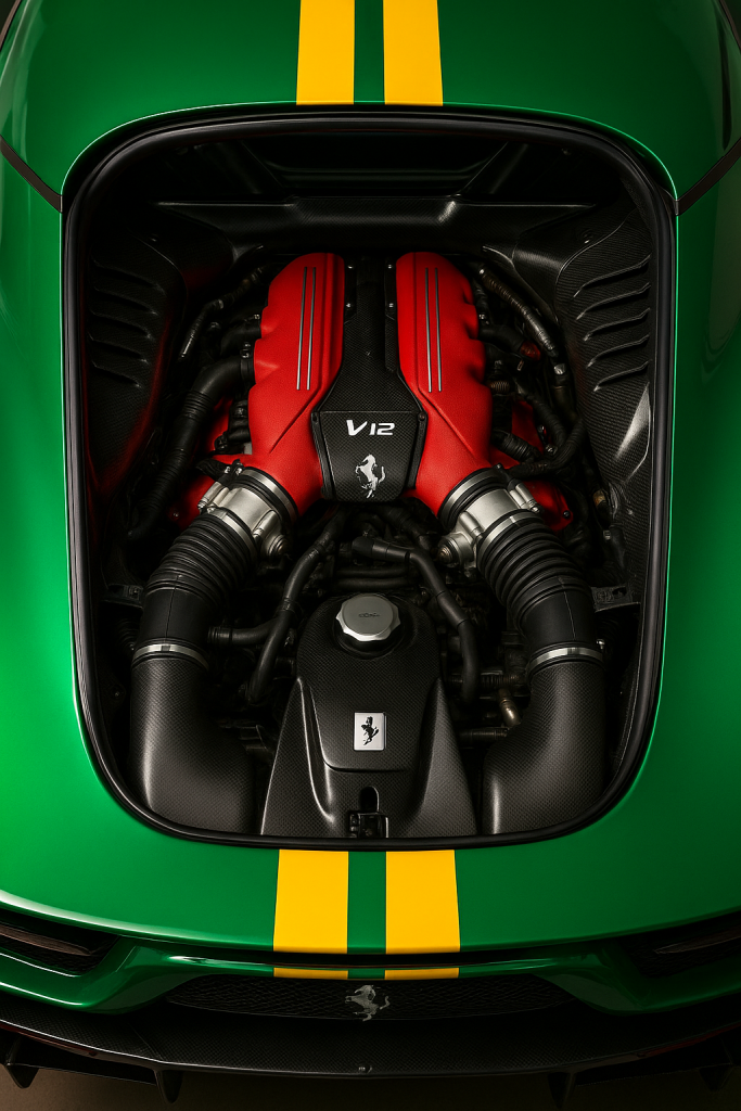 “Ferrari Daytona SP3 Green Edition V12 engine close-up with carbon detailing”