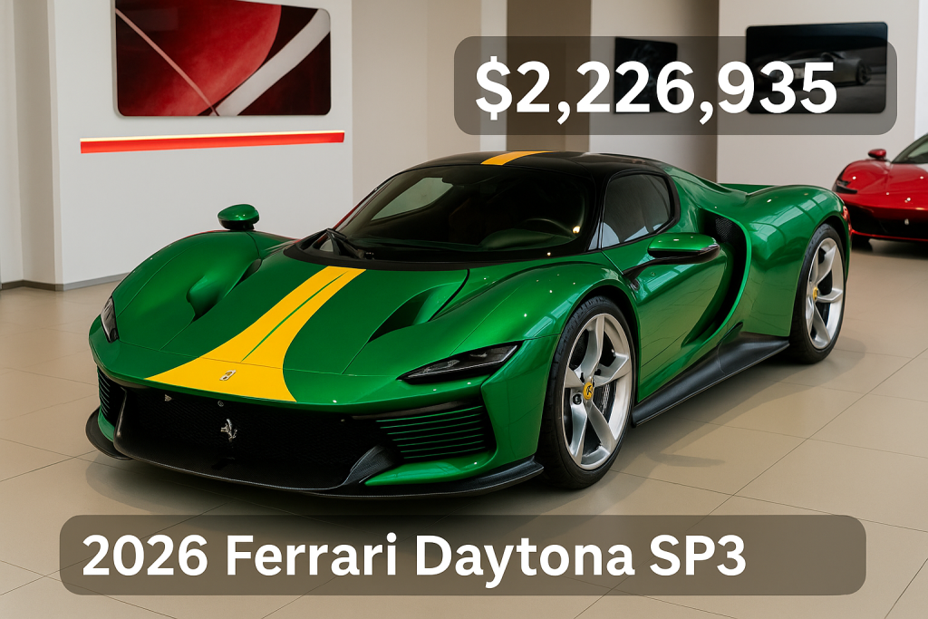 “Ferrari Daytona SP3 Green Edition displayed in U.S. showroom with $2.2M price tag”