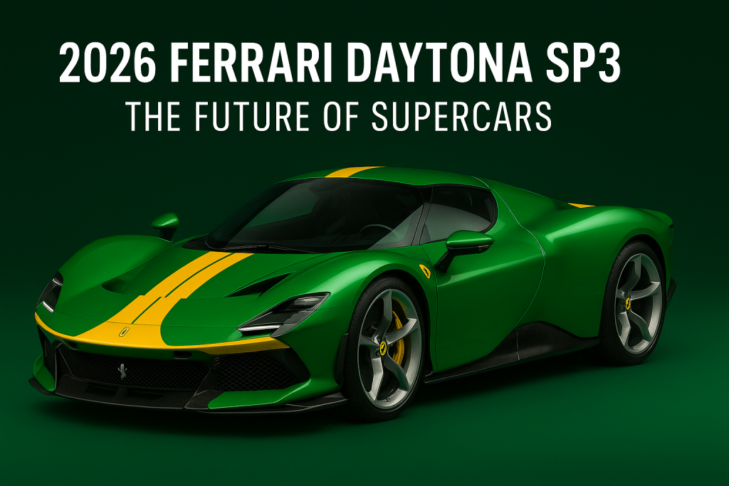 “2026 Ferrari Daytona SP3 Rosso Corsa Red side profile view – aerodynamic supercar design”