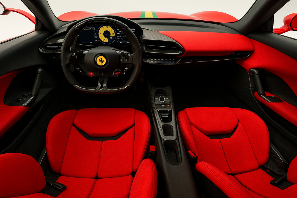 “2026 Ferrari Daytona SP3 Rosso Corsa Red interior cockpit – carbon fiber seats and Alcantara trim”