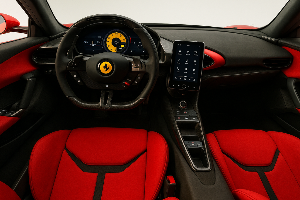 “2026 Ferrari Daytona SP3 dashboard close-up – digital display and Ferrari steering wheel”