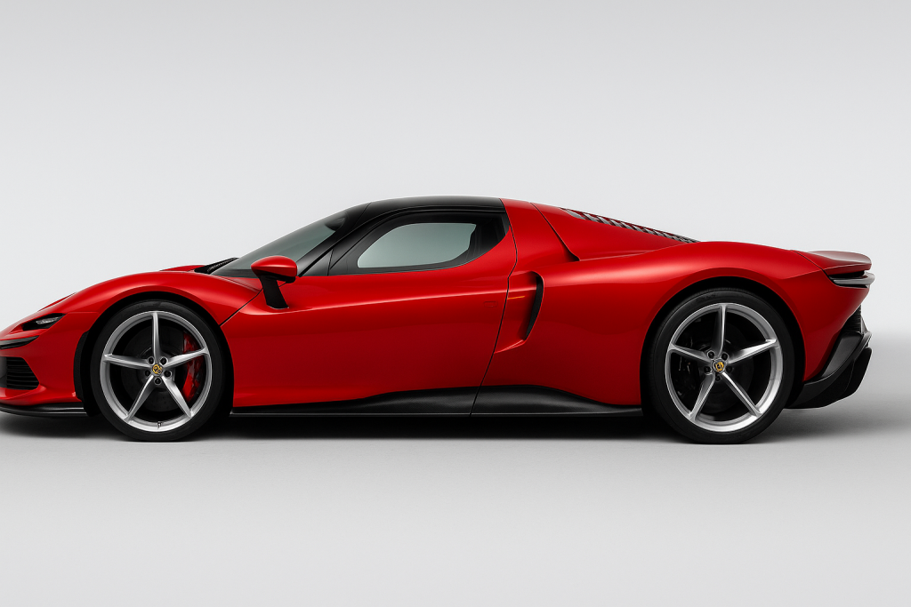 “2026 Ferrari Daytona SP3 Rosso Corsa Red side profile view – aerodynamic supercar design”
