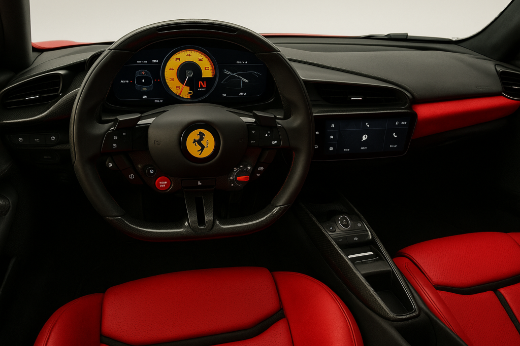 “2026 Ferrari Daytona SP3 Rosso Corsa Red wind tunnel simulation – aerodynamic airflow test”