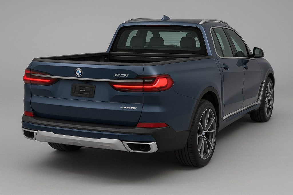 Rear angle view of BMW X7 Pickup Truck showcasing cargo bed and taillights