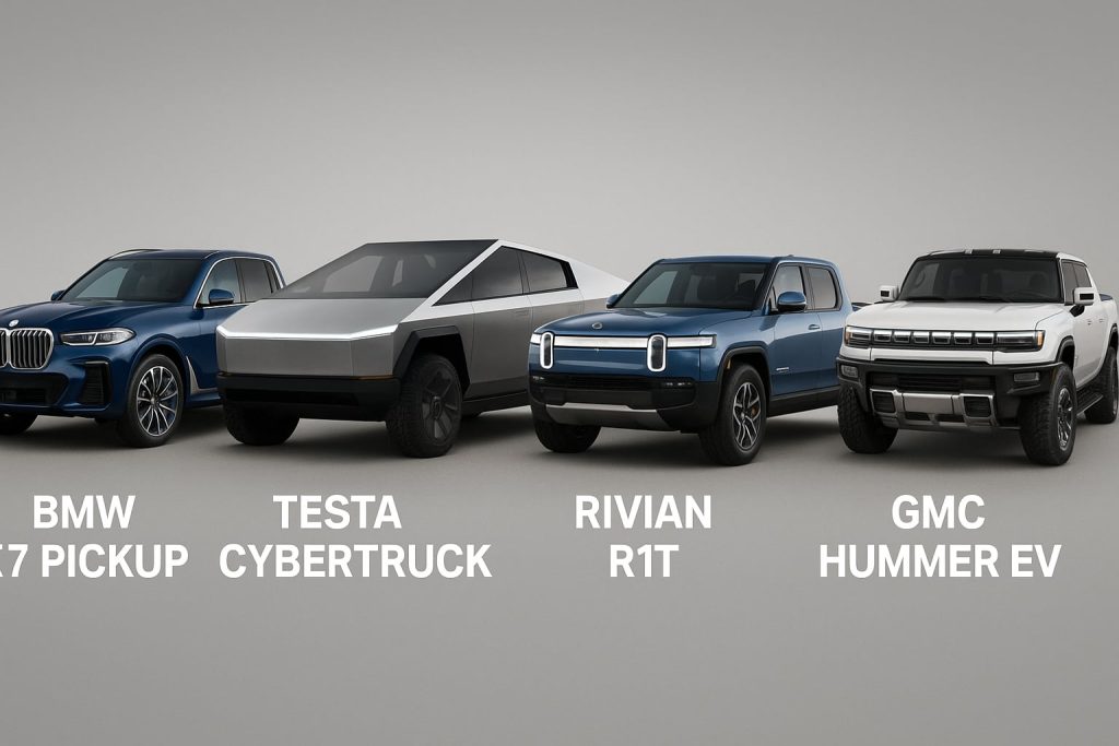 BMW X7 Pickup Truck compared with Tesla Cybertruck, Rivian R1T, and GMC Hummer EV