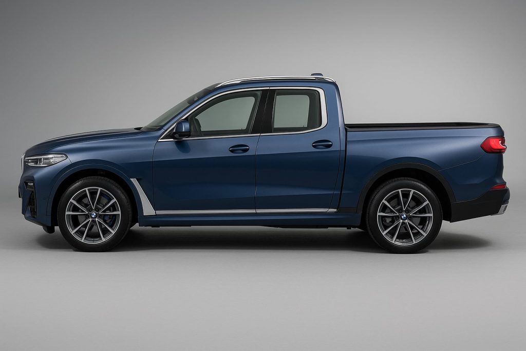 Side profile view of BMW X7 Pickup Truck with bold kidney grille and LED headlights