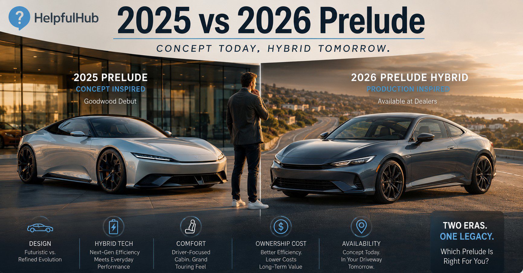 2025 Honda Prelude concept inspired coupe beside 2026 Honda Prelude Hybrid inspired coupe in a US dealership comparison scene