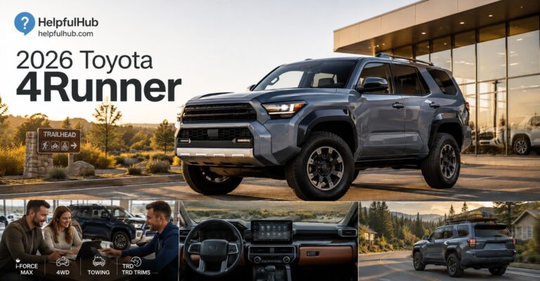 2026 Toyota 4Runner inspired rugged SUV at a US dealership near an outdoor trail entrance