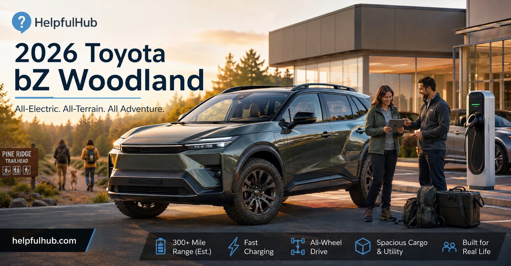 2026 Toyota bZ Woodland inspired rugged electric SUV at a US dealership near an outdoor trail entrance