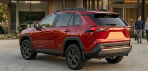 2026 Toyota bZ Woodland rear corner full view in red color