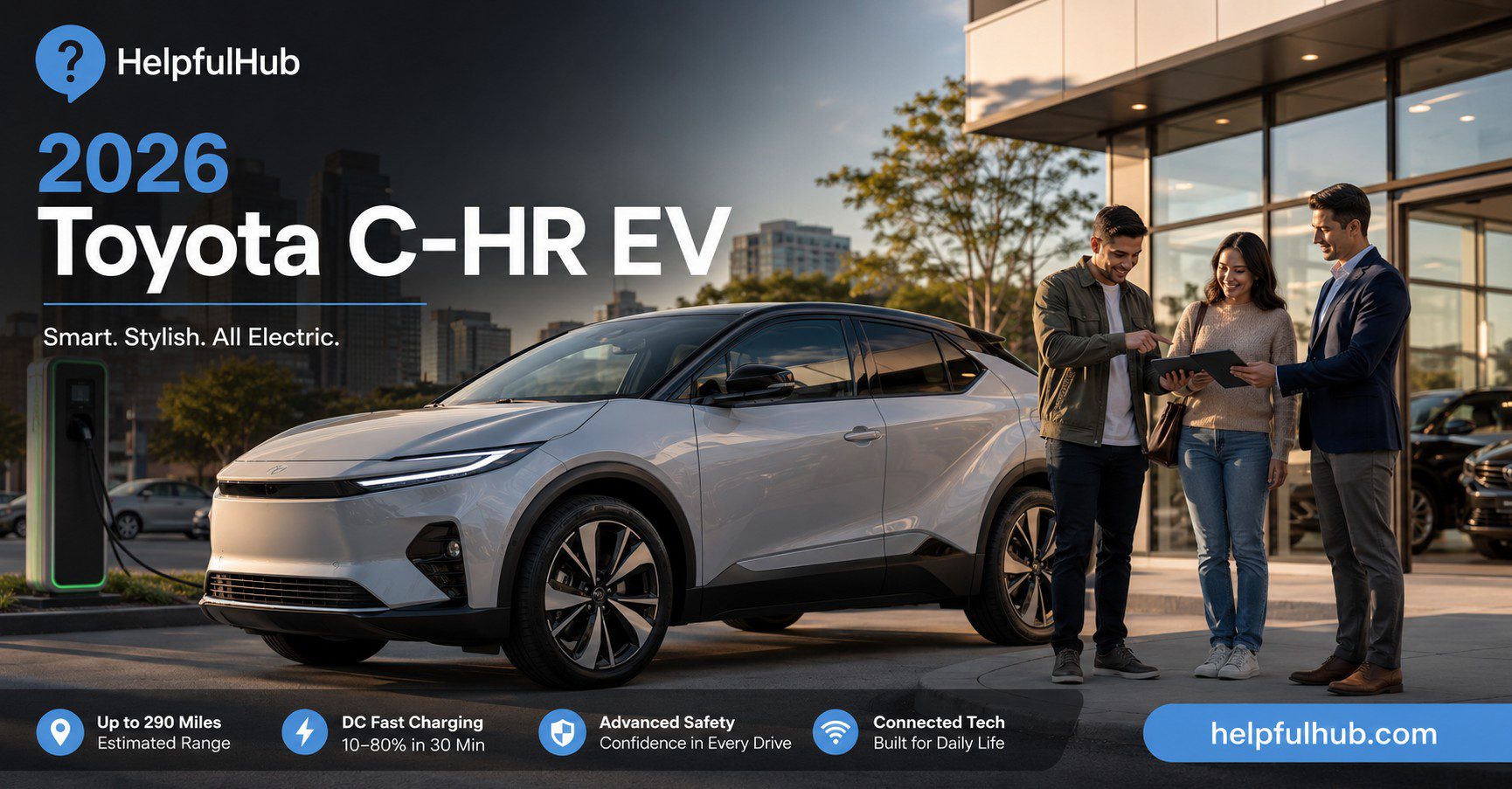 2026 Toyota C-HR EV inspired compact electric crossover at a modern US dealership with charging station