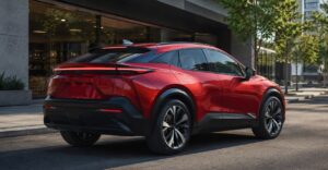 2026 Toyota C-HR EV rear corner full view in red color
