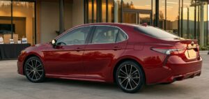 2026 Toyota Camry Hybrid rear corner full view in red color
