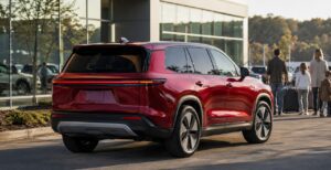 2026 Toyota Highlander BEV rear corner full view in red color