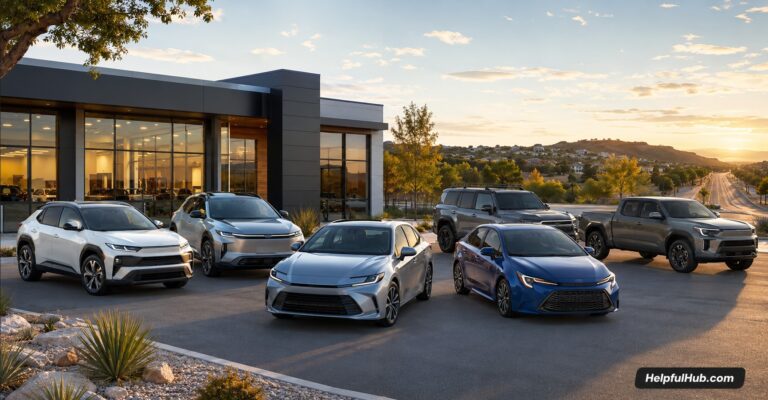 2026 Toyota models USA lineup with hybrid SUV, electric SUV, sedan and truck in a modern American dealership setting