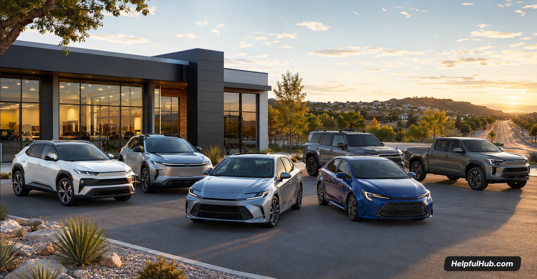 2026 Toyota models USA lineup with hybrid SUV, electric SUV, sedan and truck in a modern American dealership setting