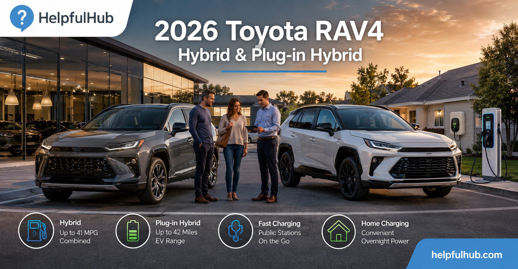 2026 Toyota RAV4 Hybrid and Plug-in Hybrid inspired compact SUV comparison scene at a modern US dealership