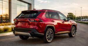2026 Toyota RAV4 USA rear corner full view in red color