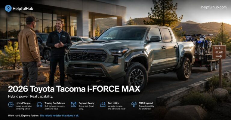 2026 Toyota Tacoma i-FORCE MAX inspired midsize hybrid pickup truck at a US dealership near a trail entrance