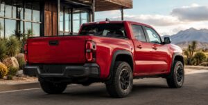 2026 Toyota Tacoma i-FORCE MAX rear corner full view in red color