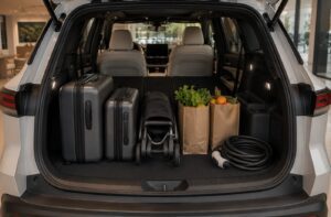 Cargo area of 2027 Toyota Highlander EV inspired electric SUV with folded third row, luggage, stroller, groceries, and charging cable