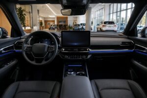 Interior cockpit of 2027 Toyota Highlander EV inspired electric family SUV with digital dashboard and blue ambient lighting