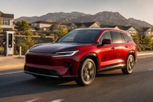 2027 Toyota Highlander EV inspired electric three-row SUV driving on a suburban highway near mountains at golden hour