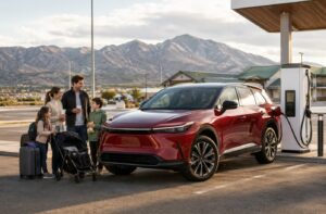 2027 Toyota Highlander EV family road trip at public charging station