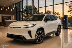 2027 Toyota Highlander EV inspired electric three-row SUV front exterior view in a modern dealership showroom