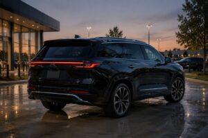 2027 Toyota Highlander EV inspired electric SUV rear three-quarter view with full-width tail lights