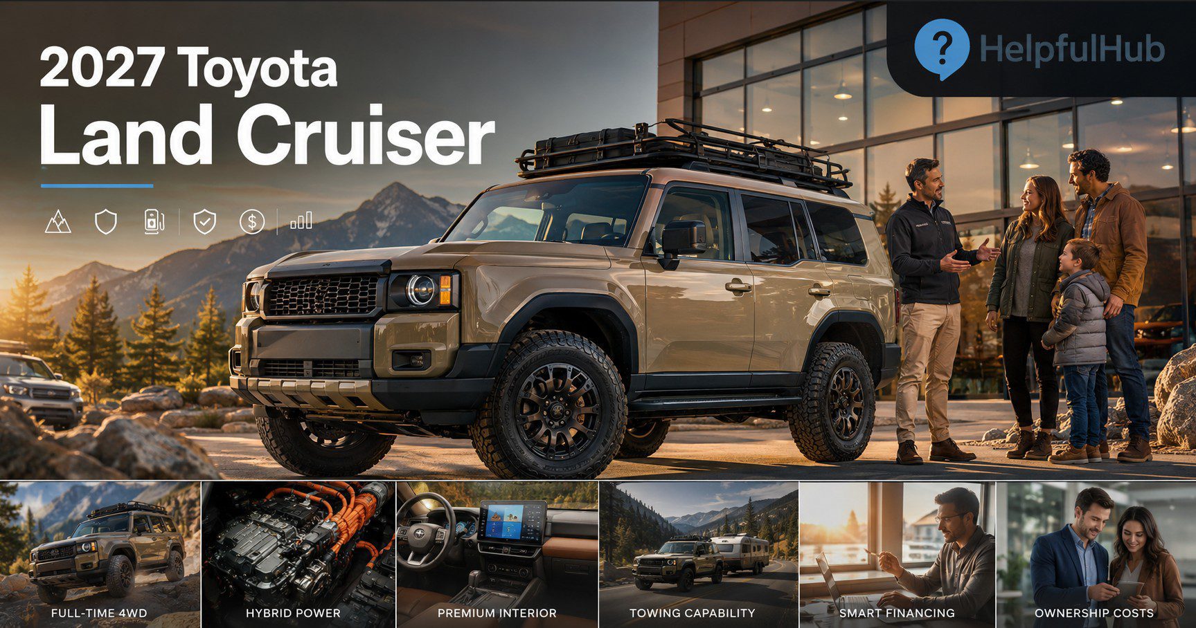 2027 Toyota Land Cruiser inspired rugged hybrid 4WD SUV on a US mountain trail near a Toyota dealership