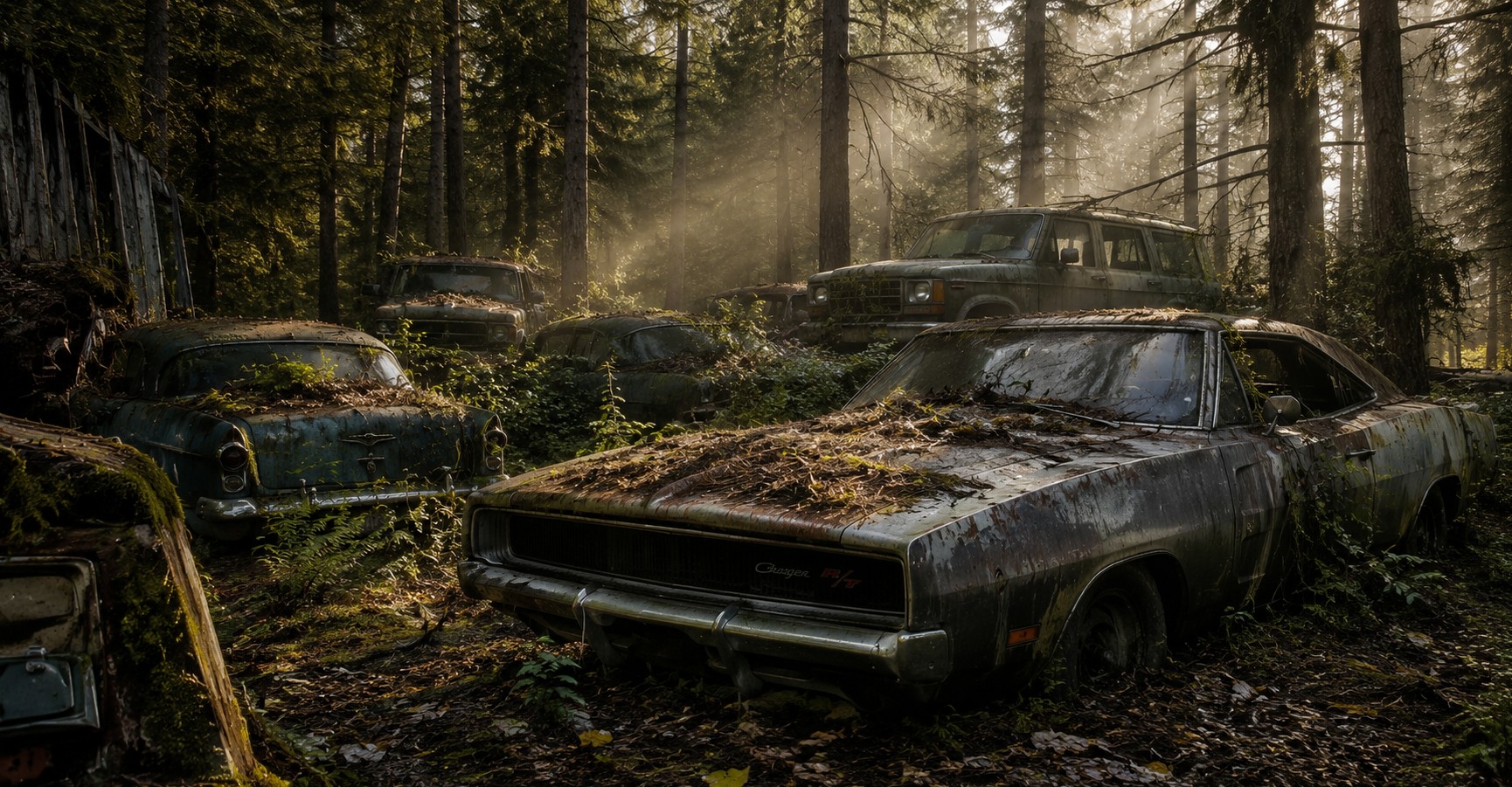 Rare abandoned classic cars hidden deep in an American forest with nature growing around them