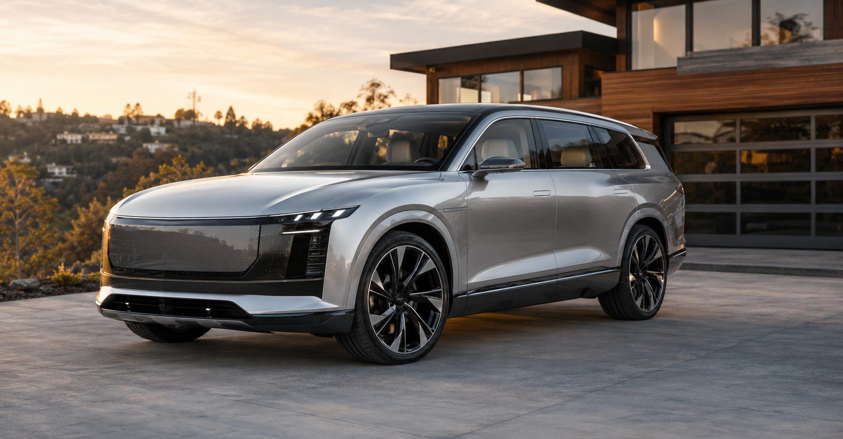Audi Q9 inspired luxury full-size SUV parked in a modern American suburban driveway with futuristic lighting and premium family SUV styling