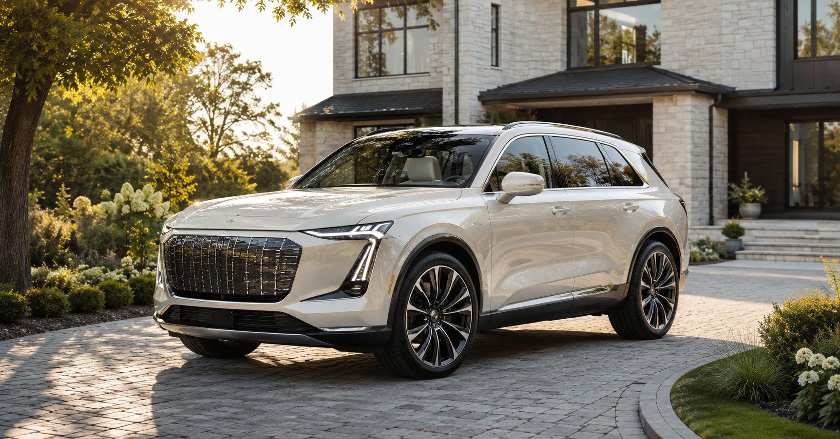 Audi Q9 luxury SUV 2026 style full-size three-row SUV parked in a modern American driveway