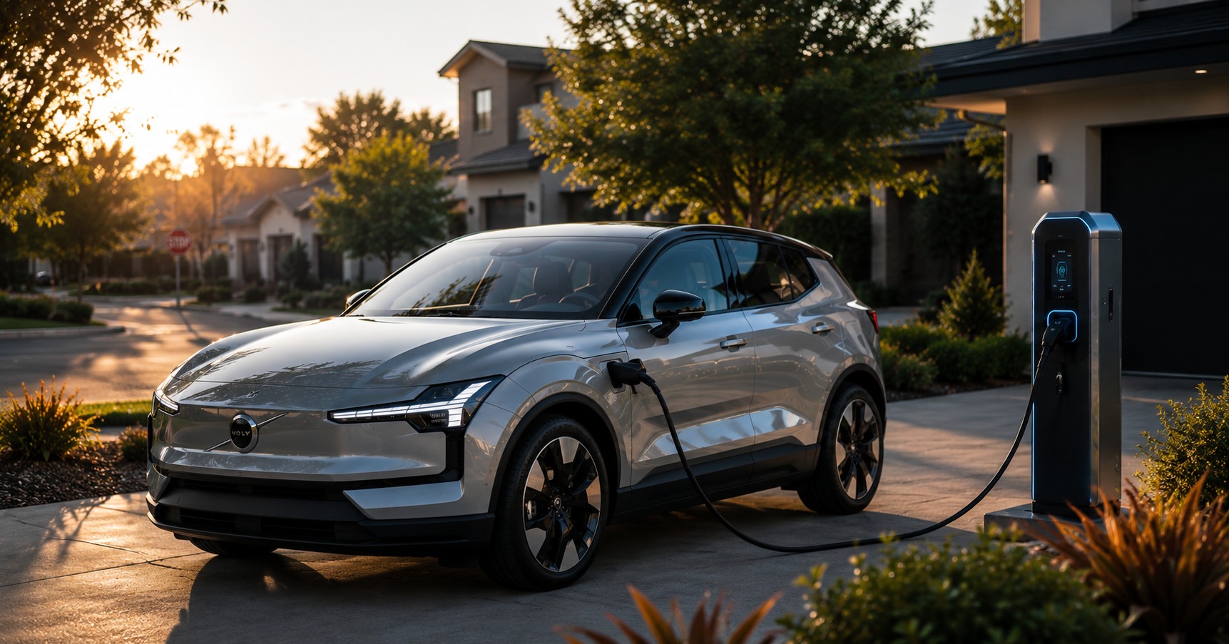 A sleek 2026 electric SUV charging at a modern public charging station in a bright, suburban US setting.