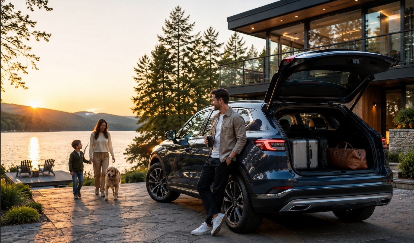 A sleek 2026 electric SUV parked in a modern, sun-drenched suburban American driveway with a "Sold" sign in the window.