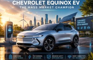 Futuristic Chevrolet Equinox EV driving through modern American suburban highway at sunset