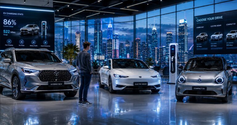 Complete new car buying guide 2026 USA featuring futuristic electric and hybrid vehicles