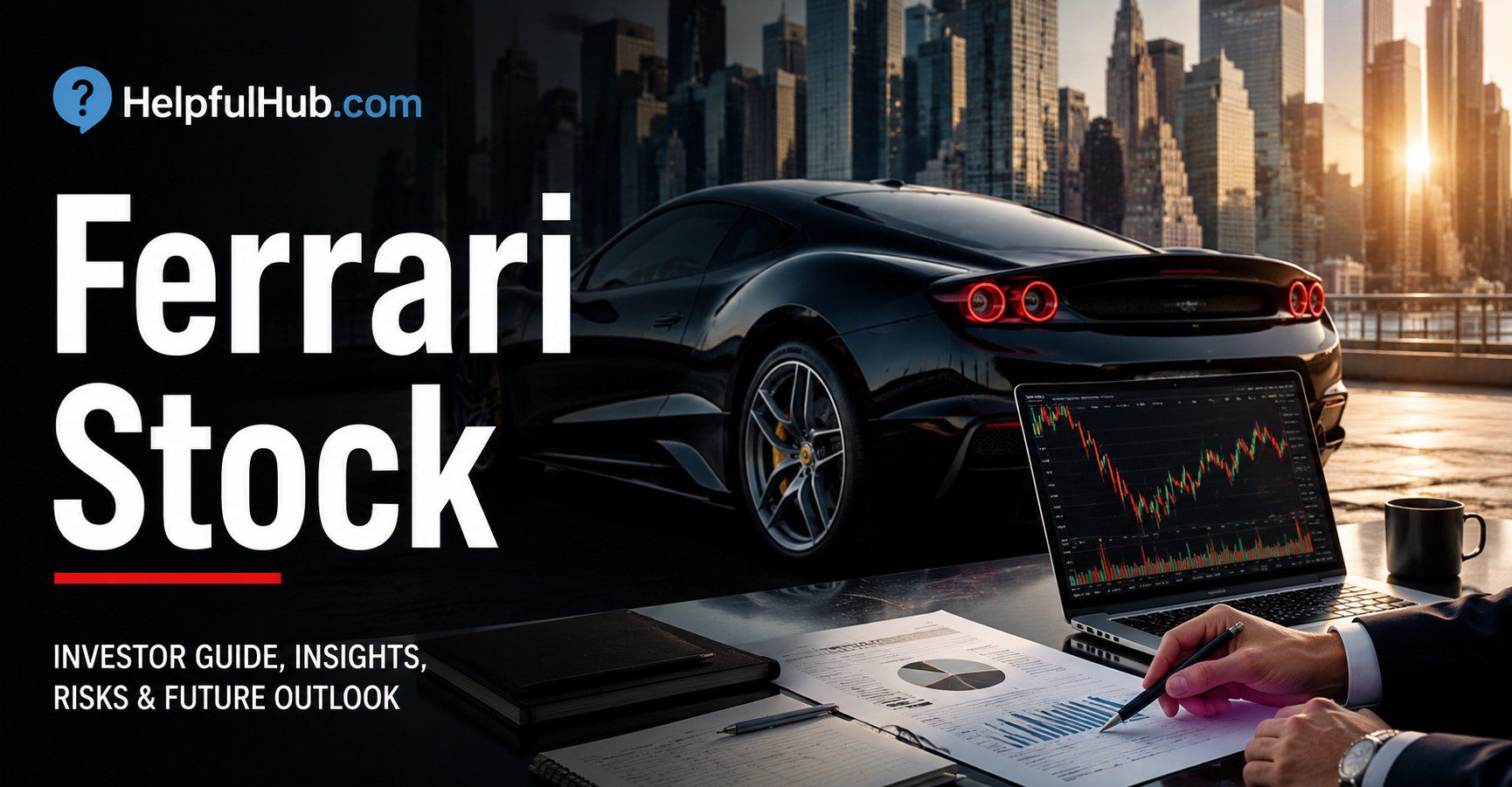 Ferrari stock RACE investor guide with luxury sports car and stock market chart