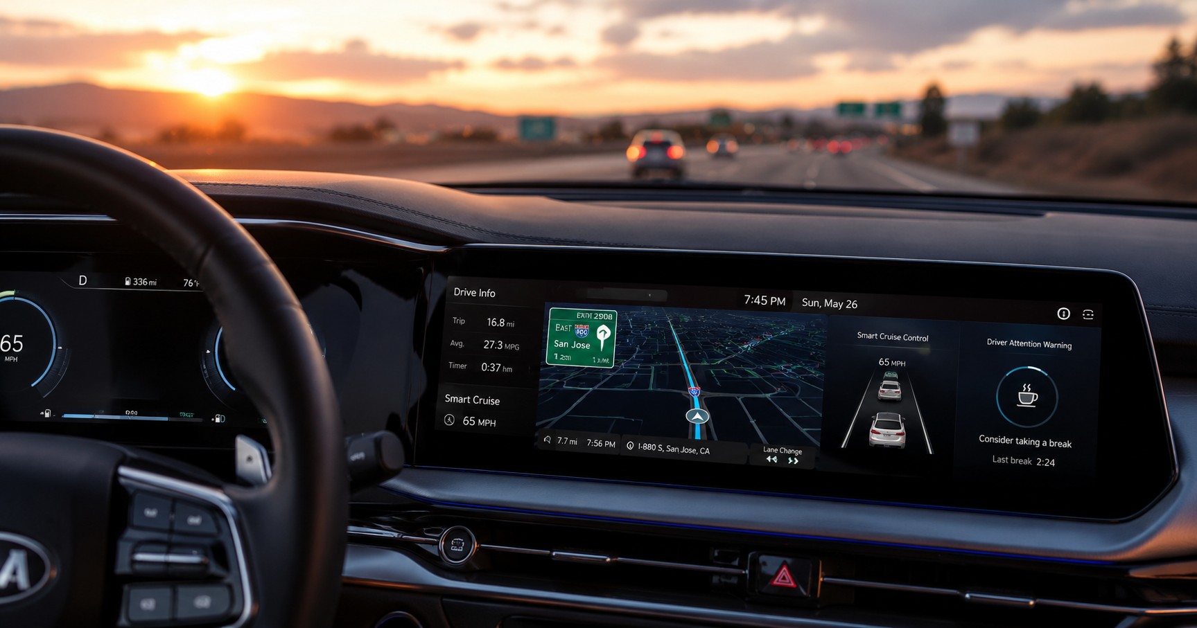 A close-up view of a modern smart car dashboard featuring advanced driver assistance systems and a high-tech navigation interface on a US highway.
