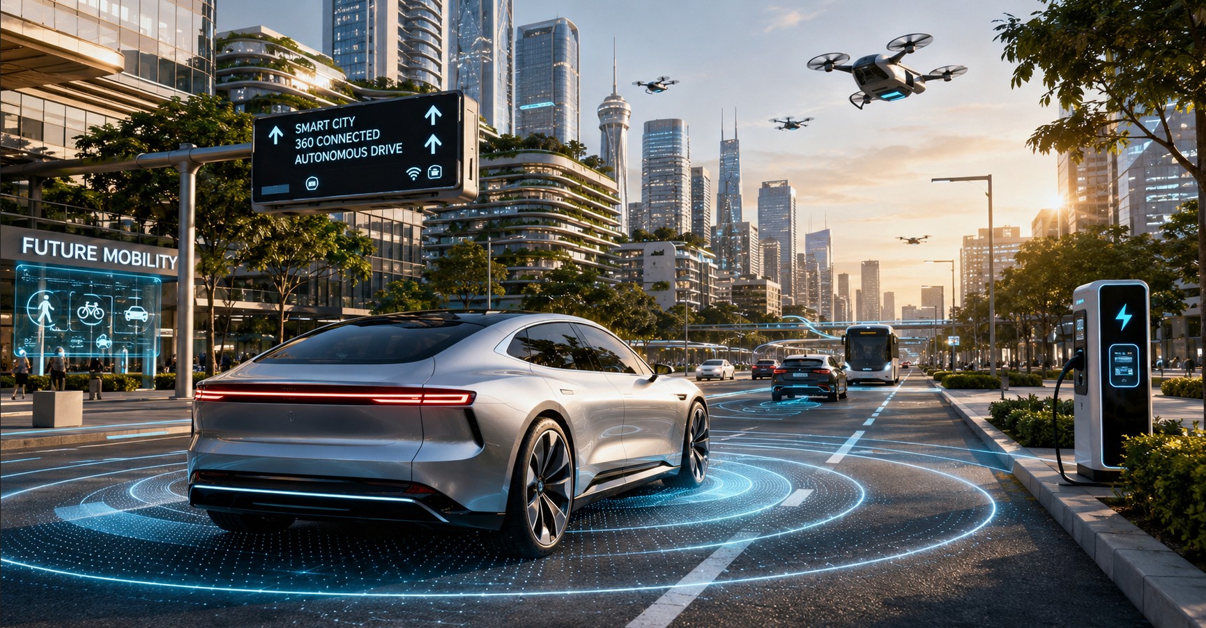 Modern electric vehicles with futuristic automotive technology driving through a smart US city