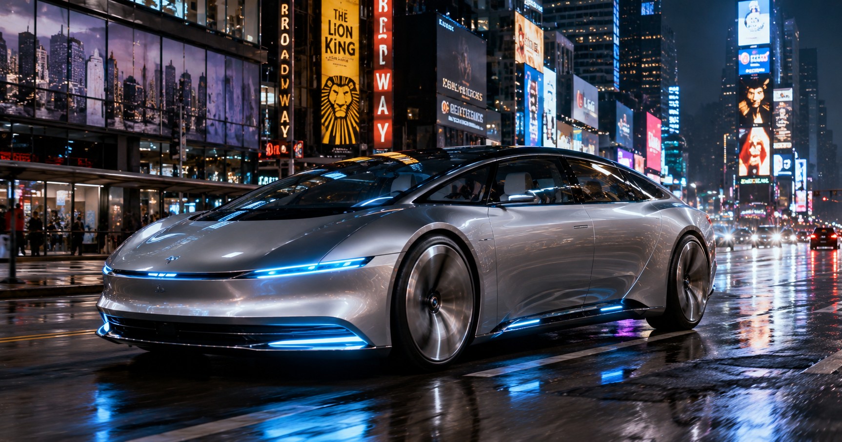 A sleek, metallic silver concept electric vehicle driving through a modern neon-lit city street in the United States at twilight.