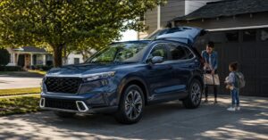 Honda CR-V-inspired compact family hybrid SUV in a United States suburban setting