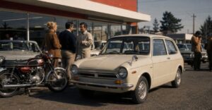 Vintage Honda-inspired small car and motorcycle showing early Honda history in America