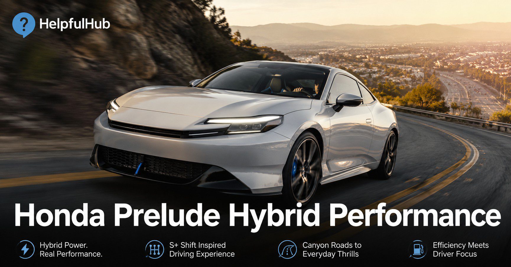 2026 Honda Prelude Hybrid inspired sporty coupe driving on a US canyon road for performance review