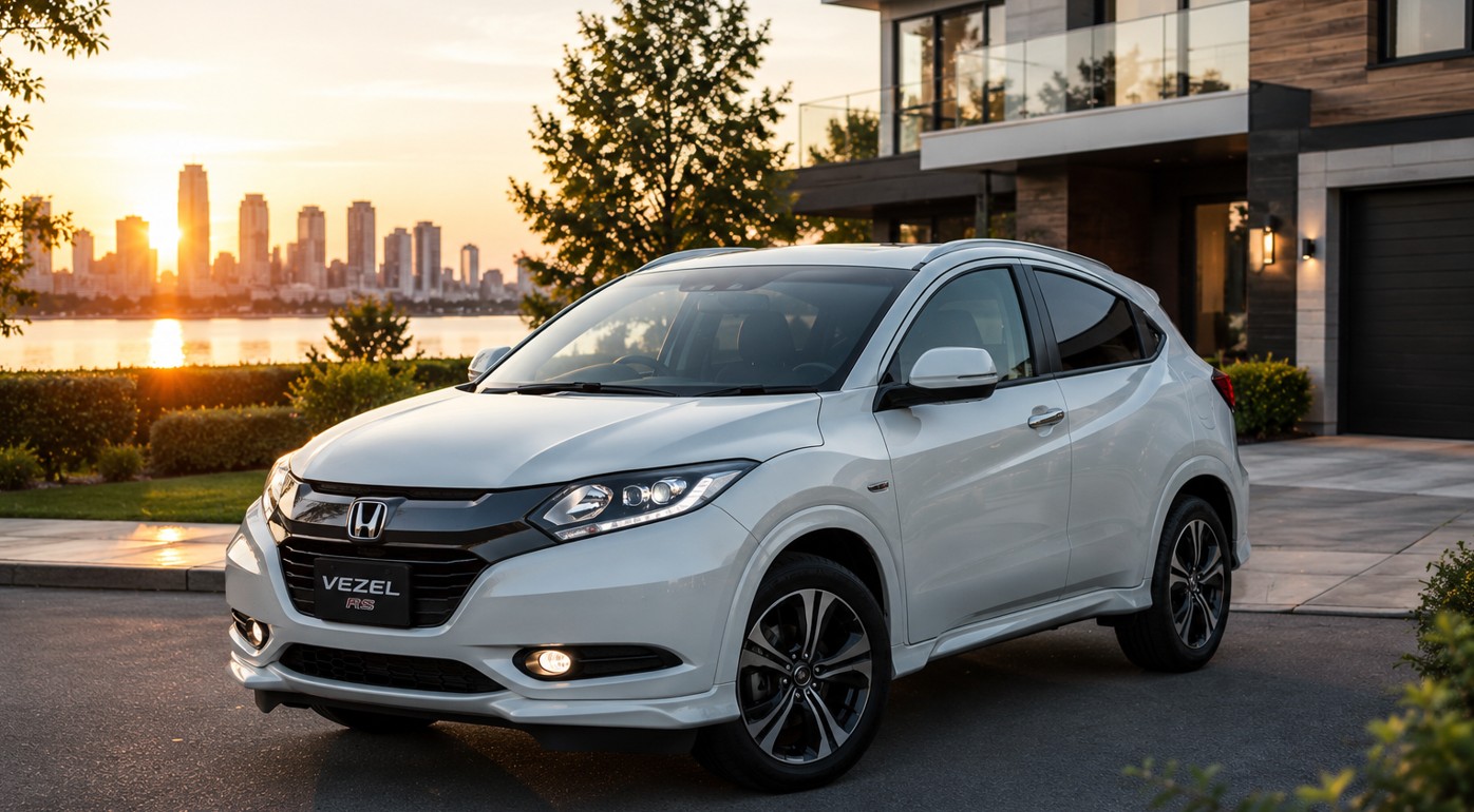 Honda Vezel RS 2014 hybrid SUV parked in modern urban environment during sunset