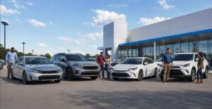 Honda vs Toyota USA comparison with sedans and SUVs in a dealership setting