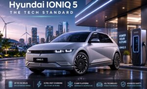 Futuristic Hyundai Ioniq 5 parked in modern smart city with advanced EV technology atmosphere