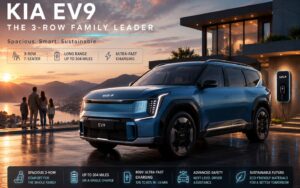 Futuristic Kia EV9 electric SUV with family lifestyle in modern American smart suburb